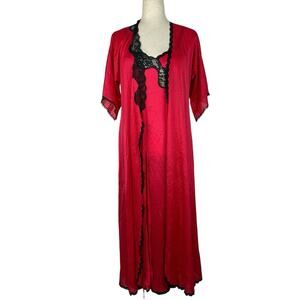 Vintage 70s Vanity Fair Long Nightgown Robe Peignoir 2pc Red Polka Dot Lace USA
